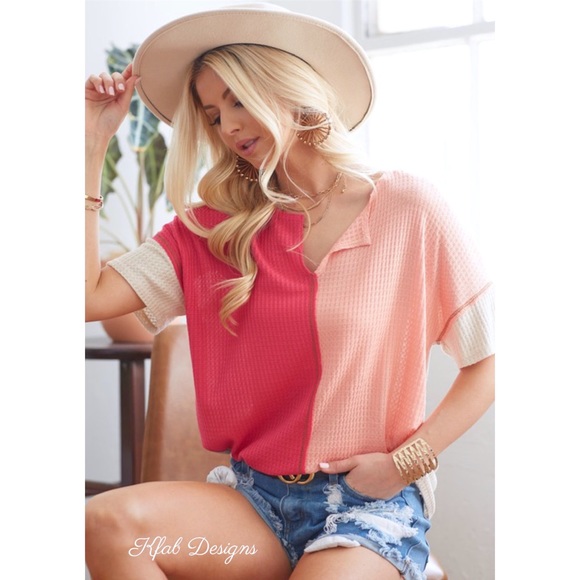 Color Block Waffle Knit, No Stitching, Soft Top! V-Neck. Size: Large - Picture 7 of 12